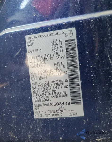 2018 Nissan Pathfinder S z USA, uszkodzony, nr VIN 5N1DR2MM6JC608438